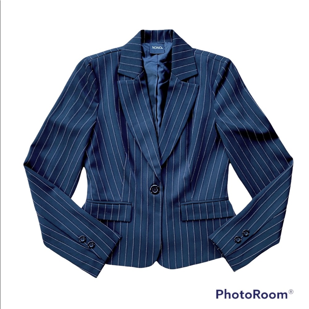 XOXO Vintage 90’s Career Suit Jacket Blazer Black Pinstripe Single Button Fitted